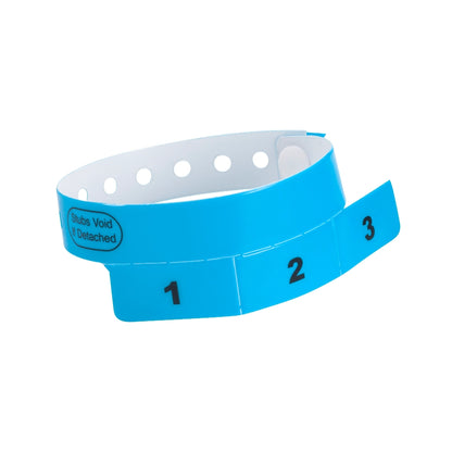 vinyl wristband with 3 tab in neon blue - round version shown 