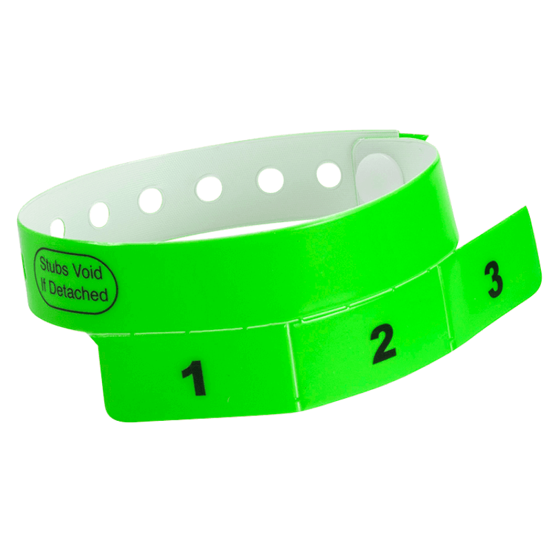vinyl 3 tab wristbands shown in stock pattern with imprint "stub void if detached" and the number 1-3 on the stubs shown in neon green