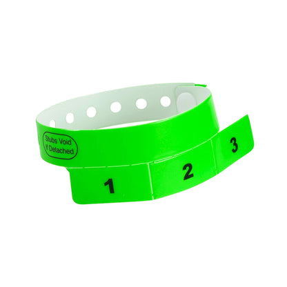 vinyl wristband with 3 tab in neon green - round version shown 