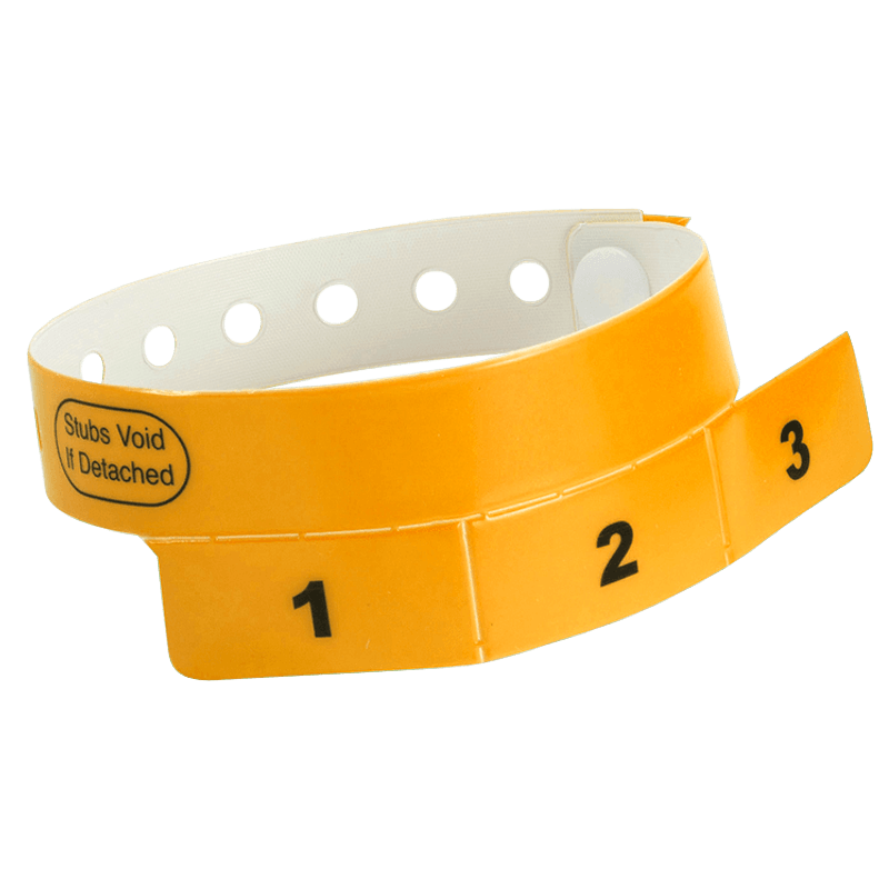 vinyl 3 tab wristbands shown in stock pattern with imprint "stub void if detached" and the number 1-3 on the stubs shown in neon orange