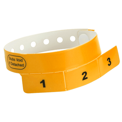 vinyl 3 tab wristbands shown in stock pattern with imprint "stub void if detached" and the number 1-3 on the stubs shown in neon orange