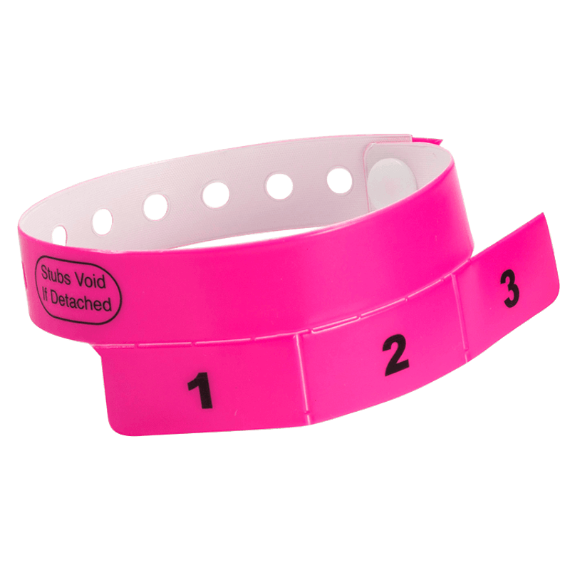 vinyl 3 tab wristbands shown in stock pattern with imprint "stub void if detached" and the number 1-3 on the stubs shown in neon pink