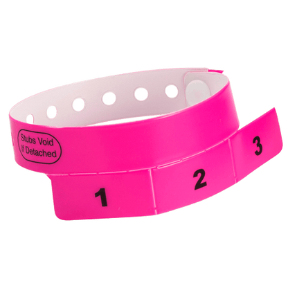 vinyl 3 tab wristbands shown in stock pattern with imprint "stub void if detached" and the number 1-3 on the stubs shown in neon pink