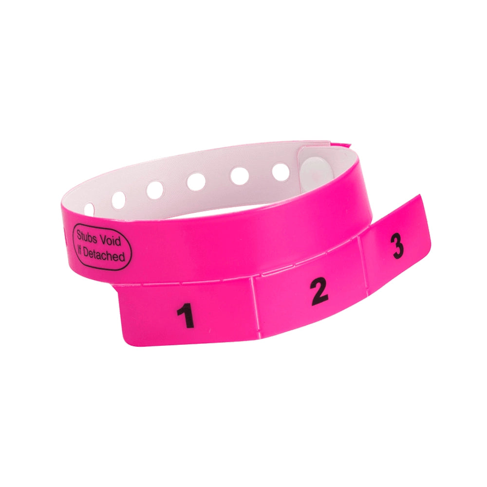 vinyl wristband with 3 tab in neon pink - round version shown 