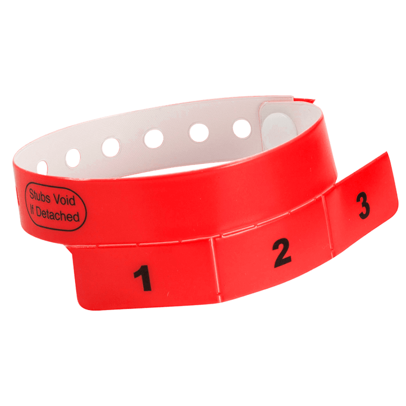 vinyl 3 tab wristbands shown in stock pattern with imprint "stub void if detached" and the number 1-3 on the stubs shown in neon red