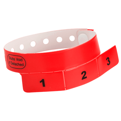 vinyl 3 tab wristbands shown in stock pattern with imprint "stub void if detached" and the number 1-3 on the stubs shown in neon red