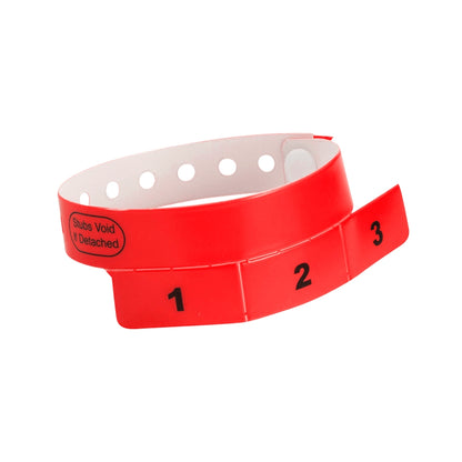 vinyl wristband with 3 tab in neon red - round version shown 