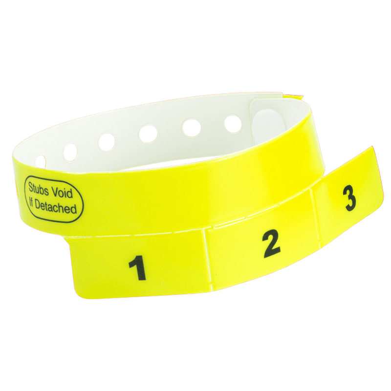 vinyl 3 tab wristbands shown in stock pattern with imprint "stub void if detached" and the number 1-3 on the stubs shown in neon yellow