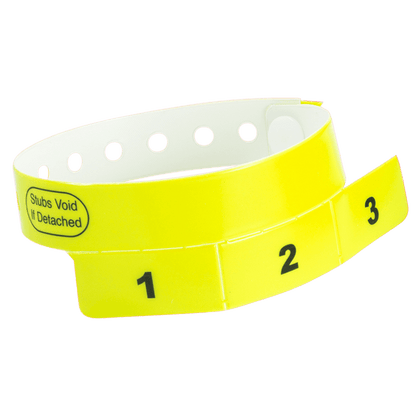 vinyl 3 tab wristbands shown in stock pattern with imprint "stub void if detached" and the number 1-3 on the stubs shown in neon yellow