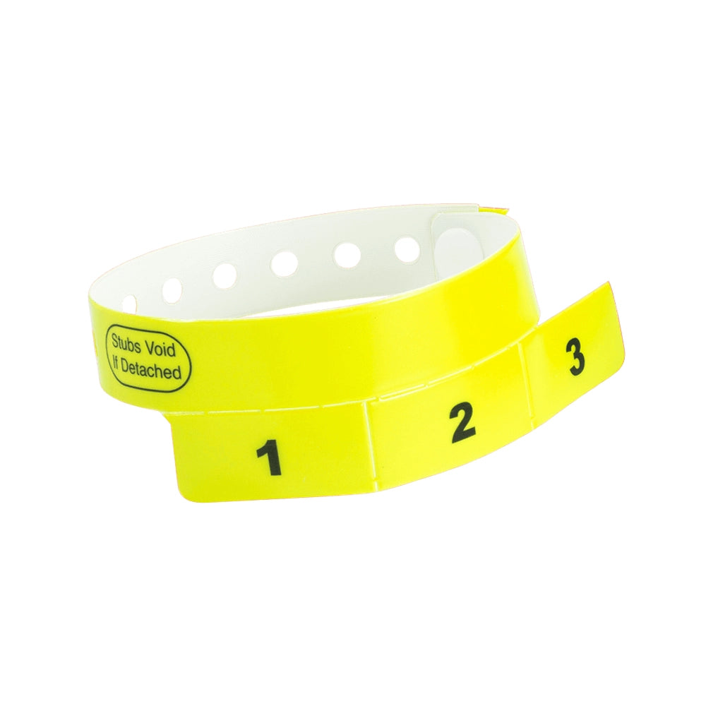 vinyl wristband with 3 tab in neon yellow - round version shown 
