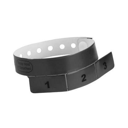 vinyl wristband with 3 tab in black - round version shown 