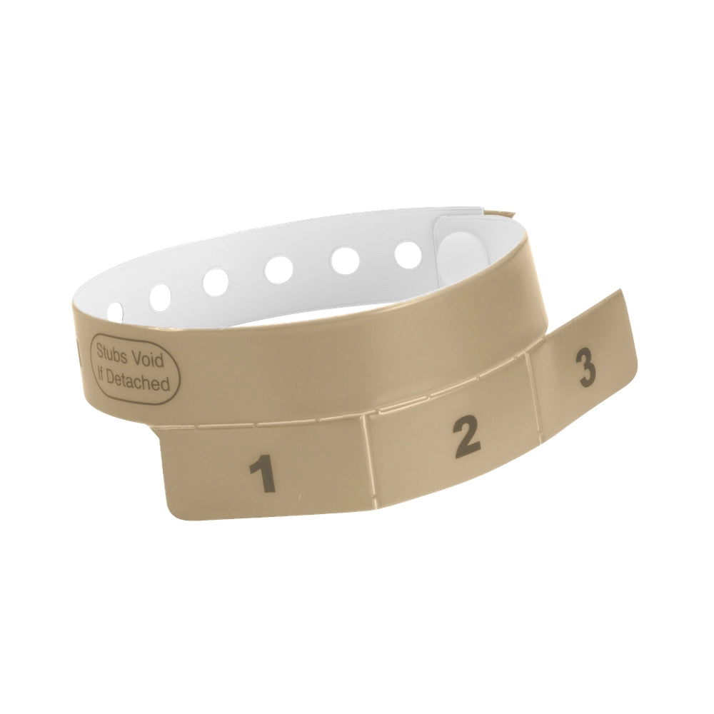 vinyl wristband with 3 tab in gold - round version shown 