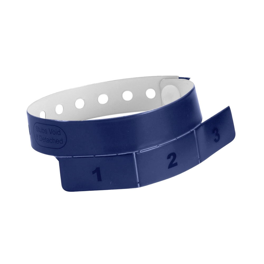 vinyl wristband with 3 tab in navy blue - round version shown 