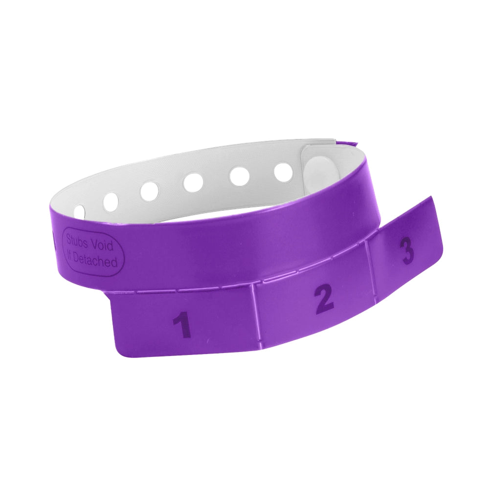vinyl wristband with 3 tab in purple - round version shown 
