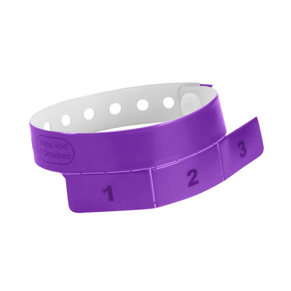 vinyl wristband with 3 tab in purple - round version shown 