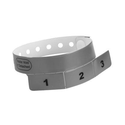 vinyl wristband with 3 tab in silver - round version shown 