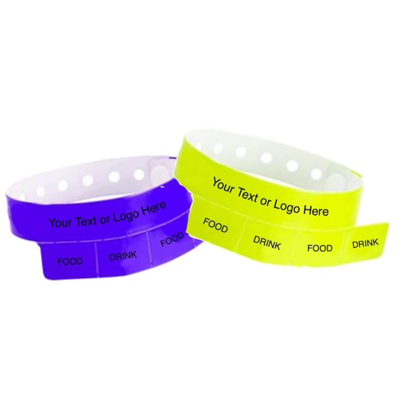 vinyl 4 tab wristbands with a placeholder to show where you can customize the wristband shown in purple and neon yellow