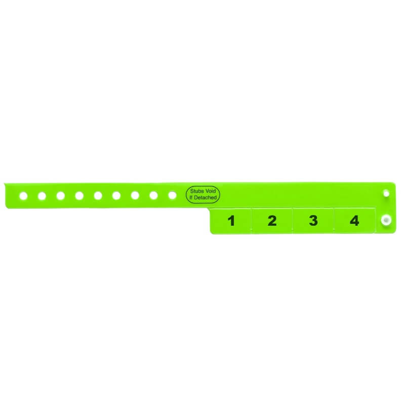 vinyl 4 tab wristbands shown in stock pattern with imprint "stub void if detached" and the number 1-4 on the stubs, shown in neon green