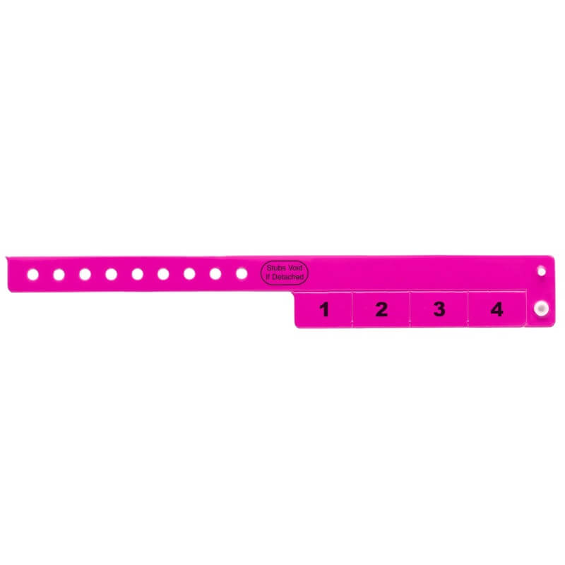 vinyl 4 tab wristbands shown in stock pattern with imprint "stub void if detached" and the number 1-4 on the stubs, shown in neon pink