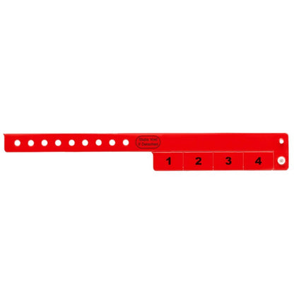 vinyl 4 tab wristbands shown in stock pattern with imprint "stub void if detached" and the number 1-4 on the stubs, shown in neon red