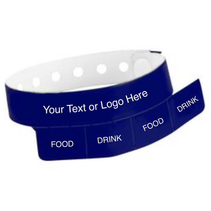 vinyl 4 tab wristband with a placeholder to show where you can customize the wristband in navy blue