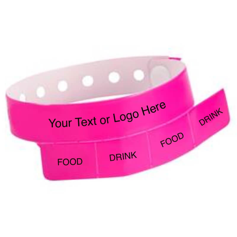 vinyl 4 tab wristband with a placeholder to show where you can customize the wristband in neon pink