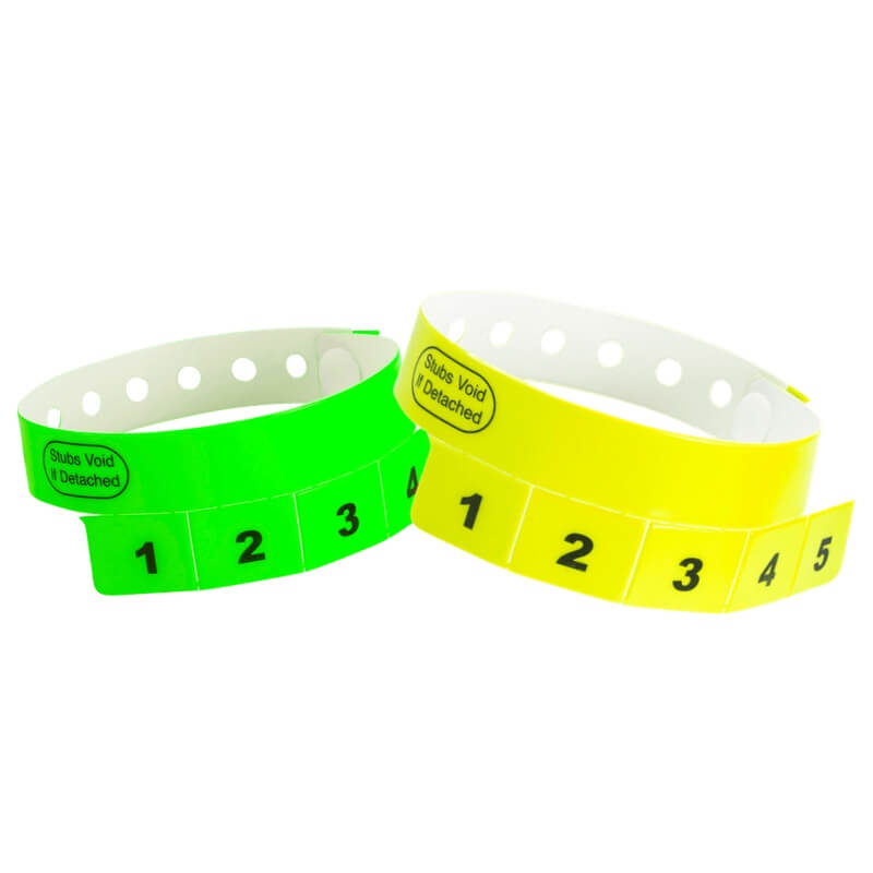 vinyl 5 tab wristbands shown with a preprinted design in neon green and neon yellow