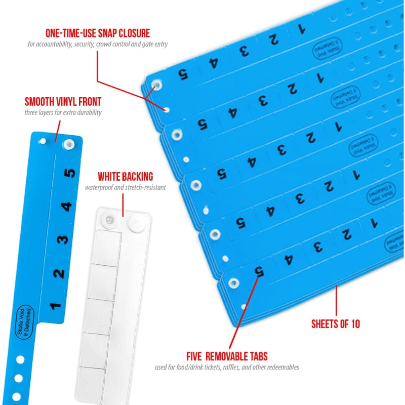 Vinyl 5 tab product specification page showing one time single use snaps, smooth vinyl front with white backing, five removable tabs and packaging in sheets of 10 - shown in neon blue