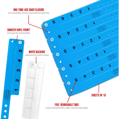 Vinyl 5 tab product specification page showing one time single use snaps, smooth vinyl front with white backing, five removable tabs and packaging in sheets of 10 - shown in neon blue