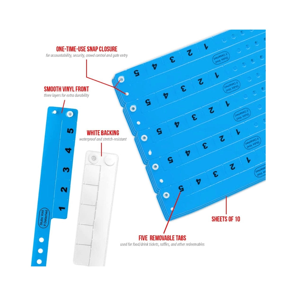 vinyl wristband with 5 tabs showing specifications for snap closure, smooth vinyl front, white backing, 5 removable tabs and sheets of 10 - in neon blue