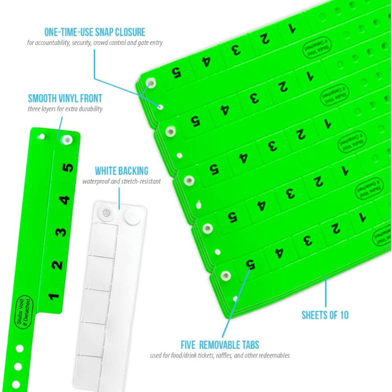 Vinyl 5 tab product specification page showing one time single use snaps, smooth vinyl front with white backing, five removable tabs and packaging in sheets of 10 - shown in neon green