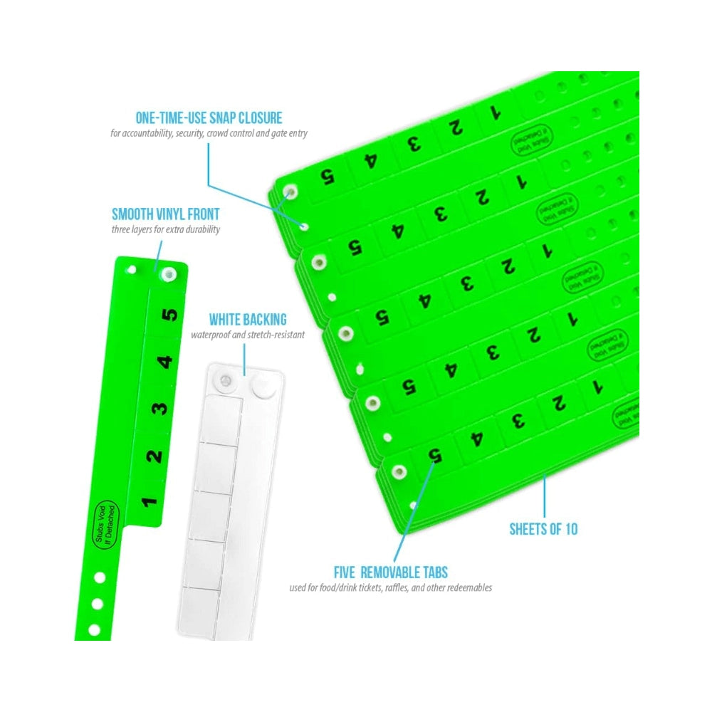 vinyl wristband with 5 tabs showing specifications for snap closure, smooth vinyl front, white backing, 5 removable tabs and sheets of 10 - in neon green