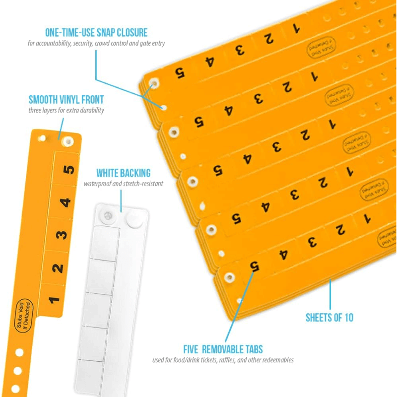 Vinyl 5 tab product specification page showing one time single use snaps, smooth vinyl front with white backing, five removable tabs and packaging in sheets of 10 - shown in neon orange