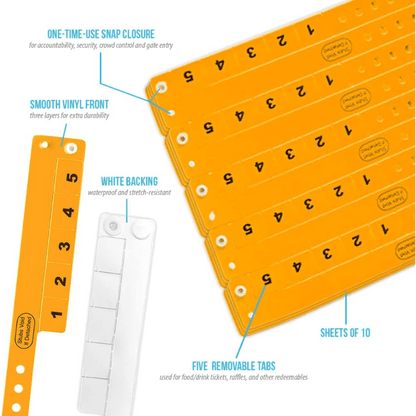 Vinyl 5 tab product specification page showing one time single use snaps, smooth vinyl front with white backing, five removable tabs and packaging in sheets of 10 - shown in neon orange