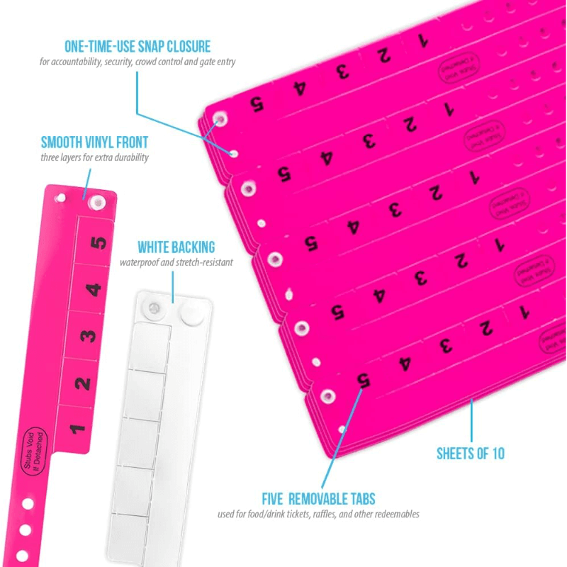 Vinyl 5 tab product specification page showing one time single use snaps, smooth vinyl front with white backing, five removable tabs and packaging in sheets of 10 - shown in neon pink