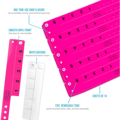 Vinyl 5 tab product specification page showing one time single use snaps, smooth vinyl front with white backing, five removable tabs and packaging in sheets of 10 - shown in neon pink