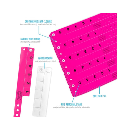vinyl wristband with 5 tabs showing specifications for snap closure, smooth vinyl front, white backing, 5 removable tabs and sheets of 10 - in neon pink