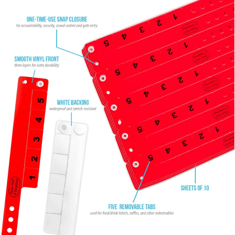 Vinyl 5 tab product specification page showing one time single use snaps, smooth vinyl front with white backing, five removable tabs and packaging in sheets of 10 - shown in neon red