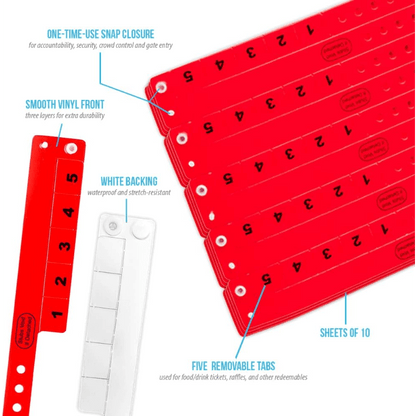 Vinyl 5 tab product specification page showing one time single use snaps, smooth vinyl front with white backing, five removable tabs and packaging in sheets of 10 - shown in neon red