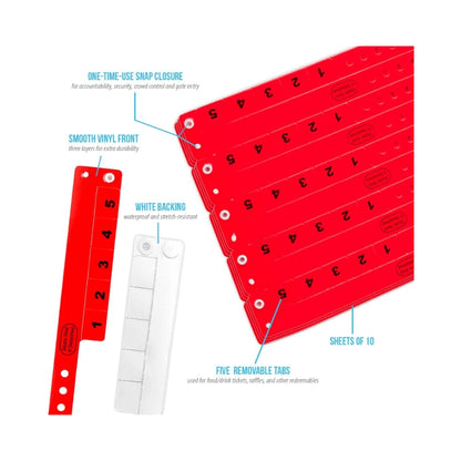vinyl wristband with 5 tabs showing specifications for snap closure, smooth vinyl front, white backing, 5 removable tabs and sheets of 10 - in neon red