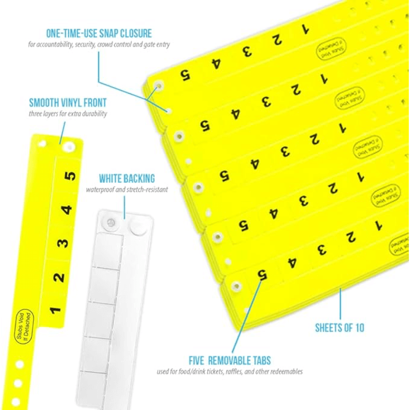 Vinyl 5 tab product specification page showing one time single use snaps, smooth vinyl front with white backing, five removable tabs and packaging in sheets of 10 - shown in neon yellow