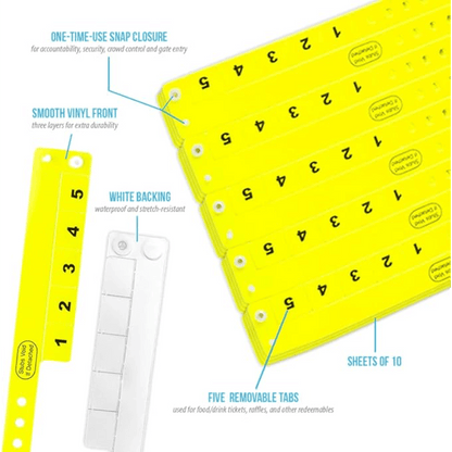 Vinyl 5 tab product specification page showing one time single use snaps, smooth vinyl front with white backing, five removable tabs and packaging in sheets of 10 - shown in neon yellow
