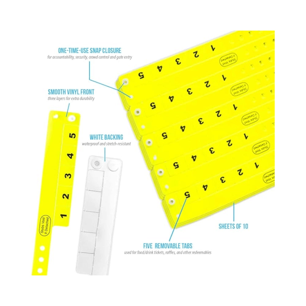 vinyl wristband with 5 tabs showing specifications for snap closure, smooth vinyl front, white backing, 5 removable tabs and sheets of 10 - in neon yellow