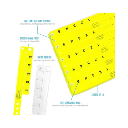 vinyl wristband with 5 tabs showing specifications for snap closure, smooth vinyl front, white backing, 5 removable tabs and sheets of 10 - in neon yellow