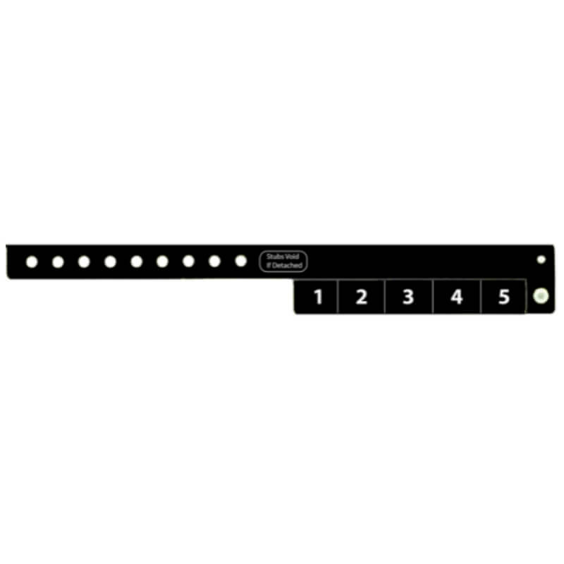 vinyl 5 tab wristbands shown in stock pattern with imprint "stub void if detached" and the number 1-5 on the stubs shown in black