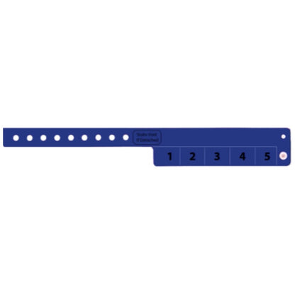 vinyl wristband with 5 tabs in navy blue - shown in flat 
