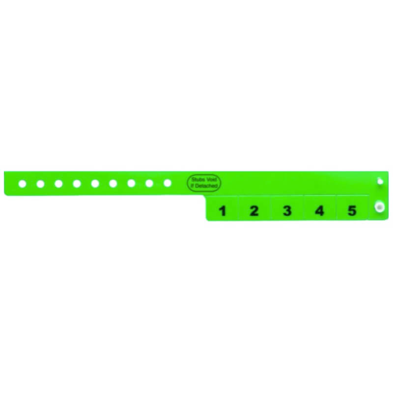 vinyl 5 tab wristbands shown in stock pattern with imprint "stub void if detached" and the number 1-5 on the stubs shown in neon green