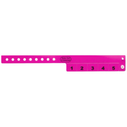 vinyl 5 tab wristbands shown in stock pattern with imprint "stub void if detached" and the number 1-5 on the stubs shown in neon pink