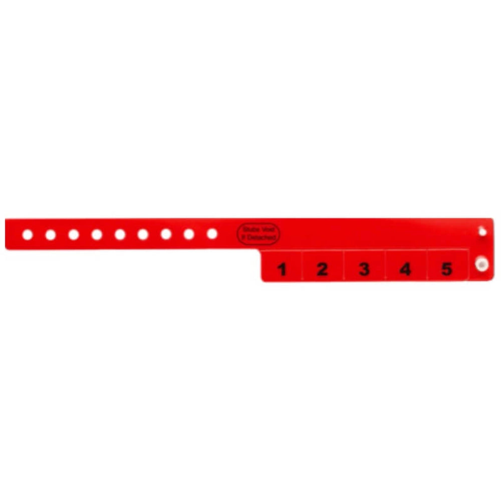 vinyl wristband with 5 tabs in neon red - shown in flat 
