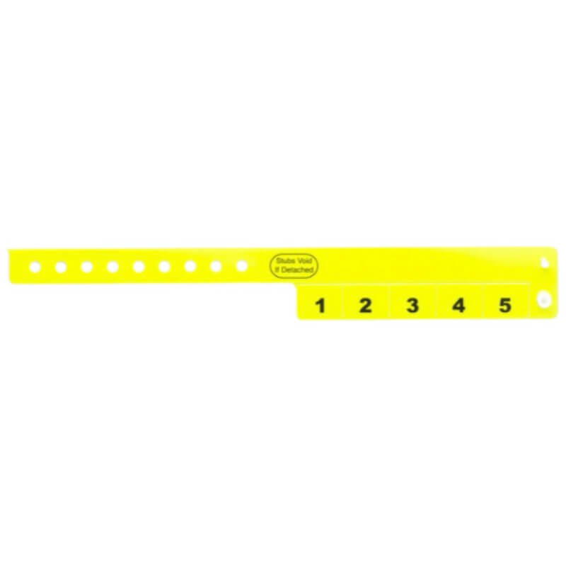 vinyl 5 tab wristbands shown in stock pattern with imprint "stub void if detached" and the number 1-5 on the stubs shown in neon yellow